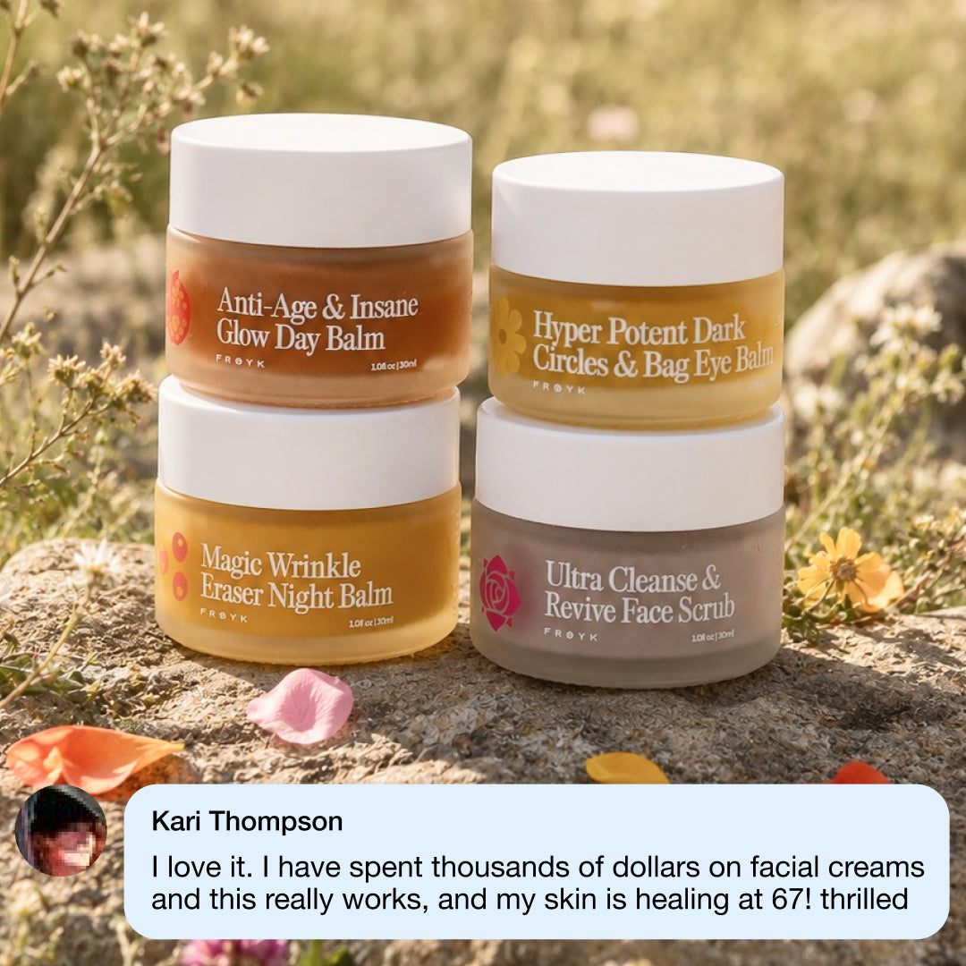 Frøya Organics Complete Mature Skin System — four balm jars outdoors with customer review