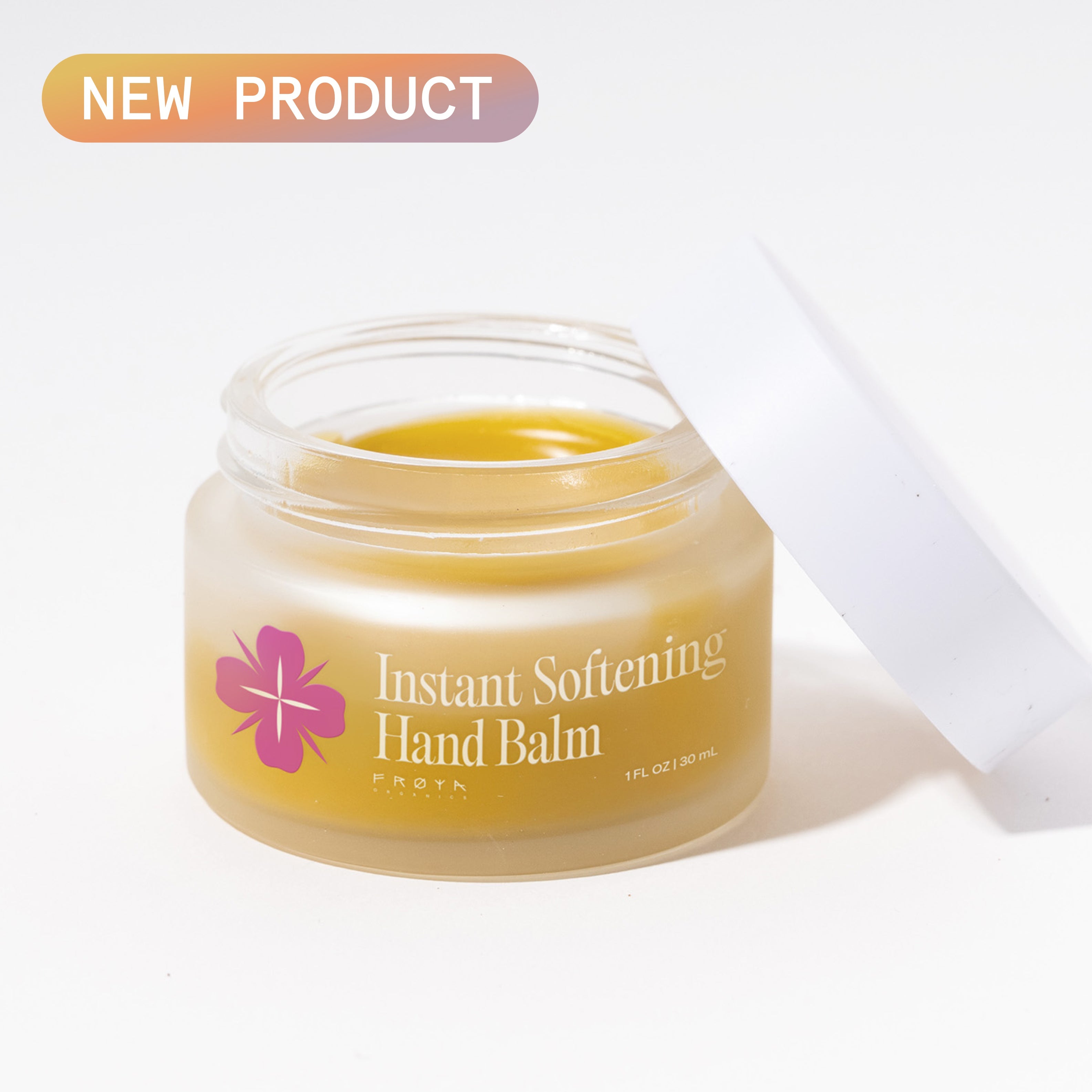 Frøya Organics Instant Softening Hand Balm in glass jar with lid – organic hand balm front view