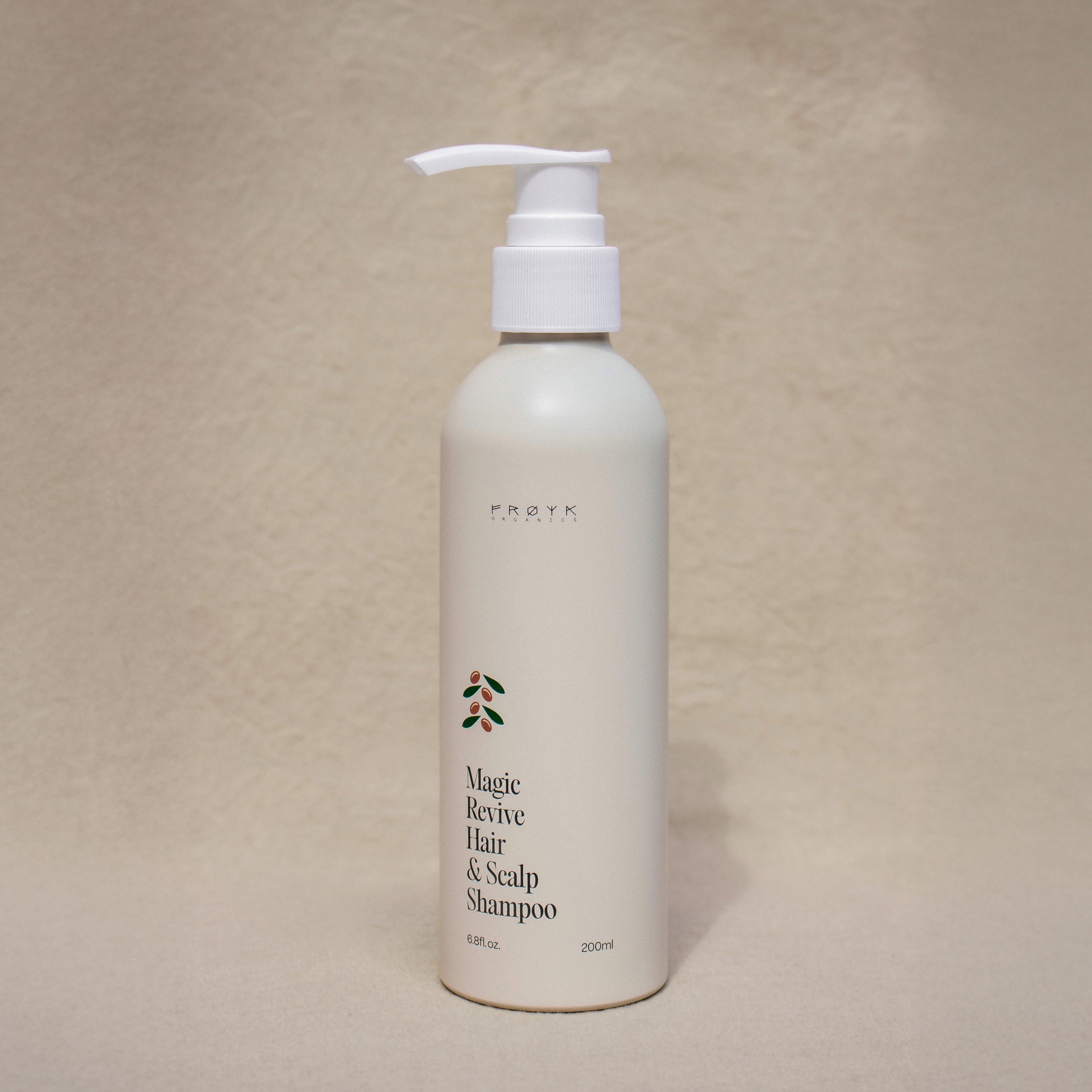 Frøya Organics Magic Revive Hair & Scalp Shampoo in glass jar with lid – reviving shampoo front view