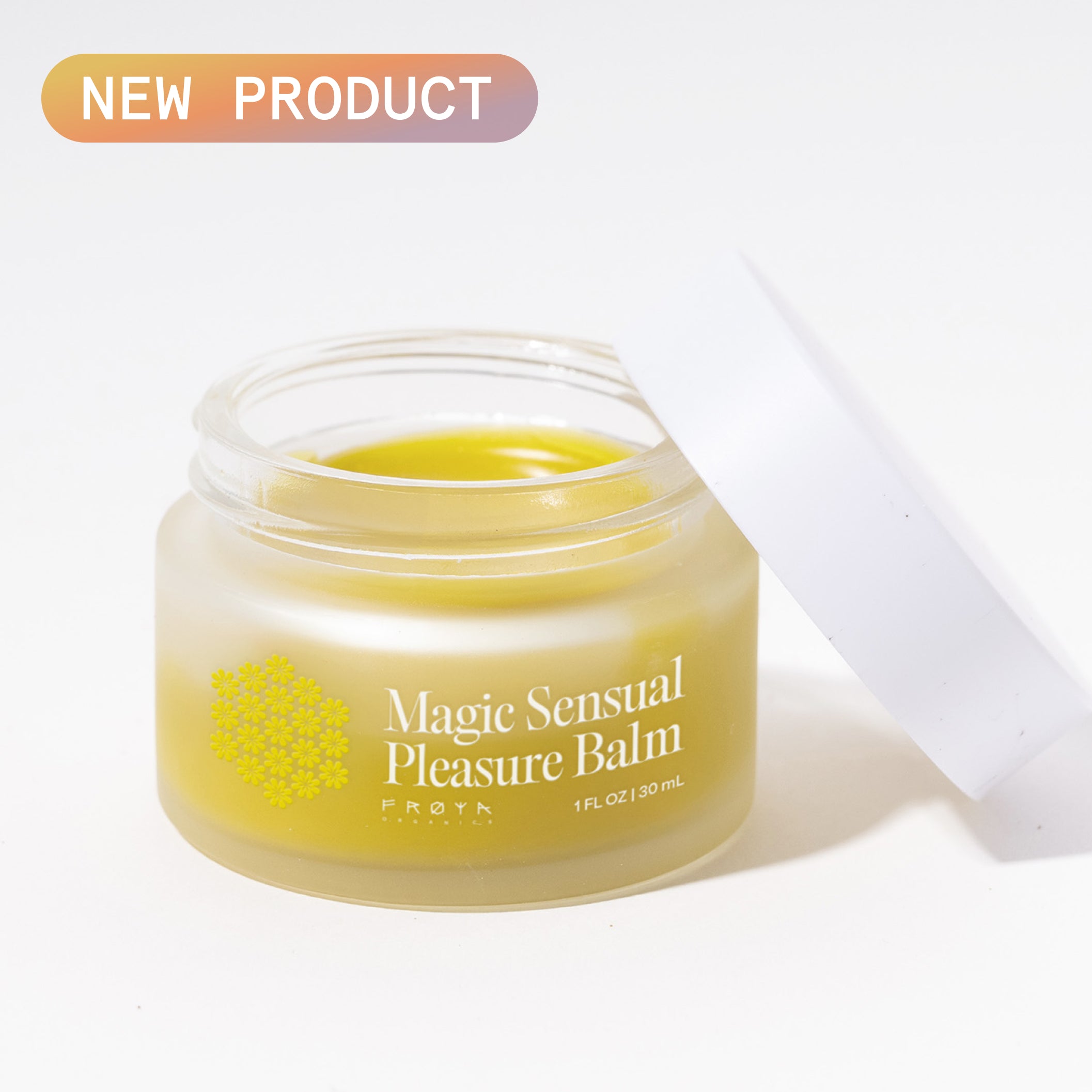 Frøya Organics Magic Sensual Pleasure Balm in glass jar with lid – organic intimate balm front view