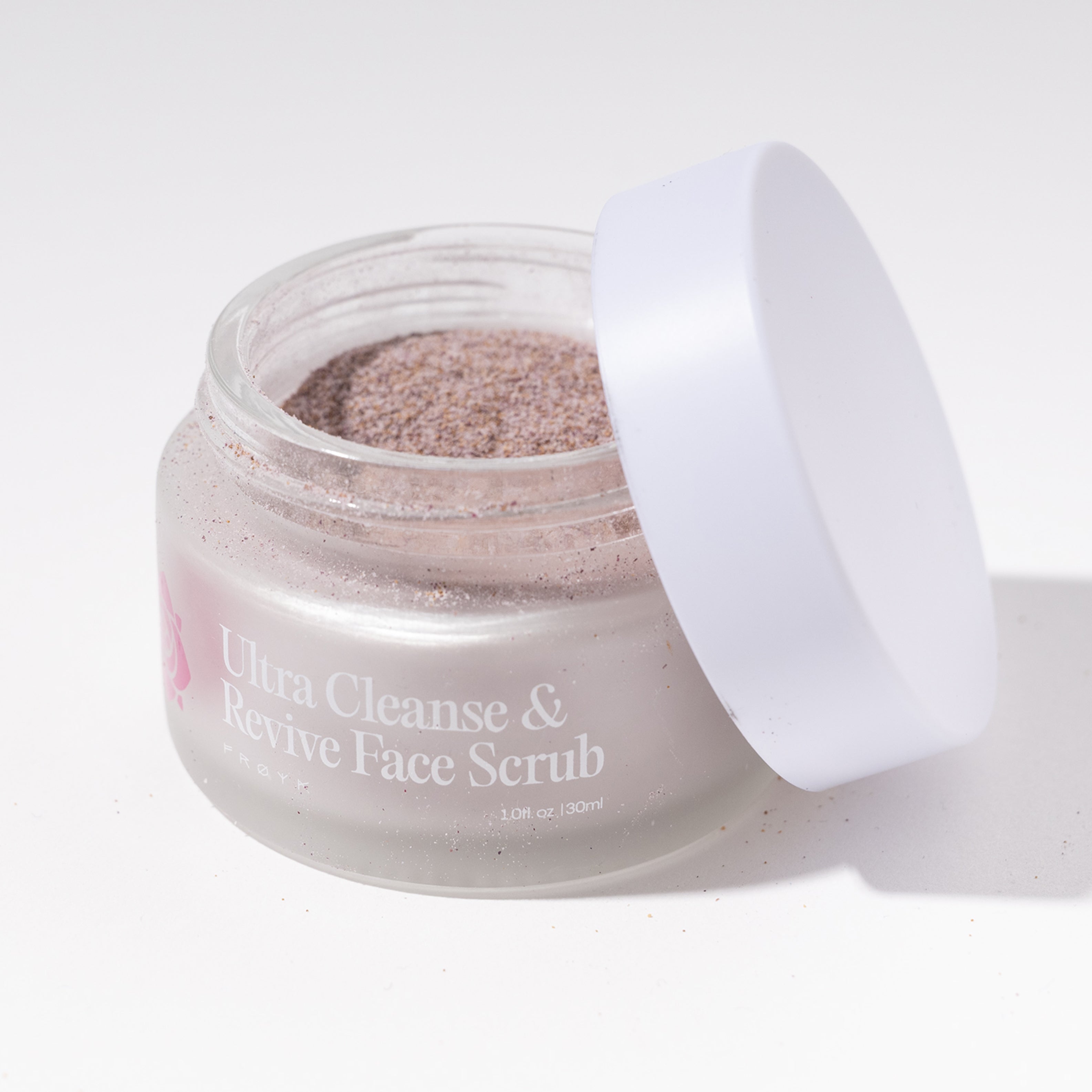 Frøya Organics Ultra Cleanse & Revive Face Scrub in glass jar with lid – organic face scrub front view